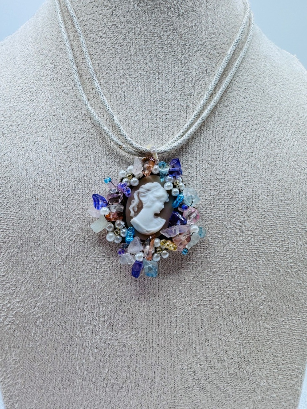 Vintage Style Cameo Pendant Statement Necklace BeigeCord Boho Victorian Inspired